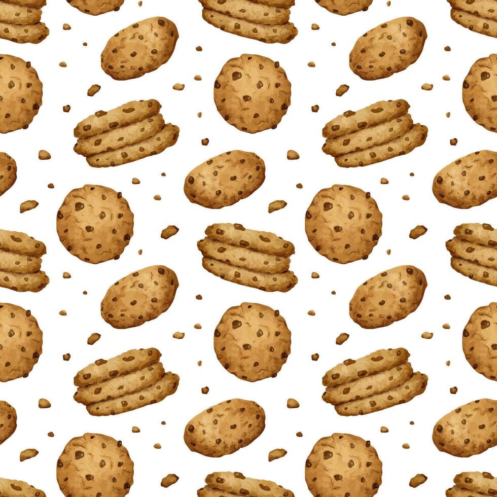 Chocolate chip cookies. Watercolor hand drawn seamless pattern. Background of traditional American homemade biscuits. Print for design of labels, packaging of goods, cards, for bakehouse, bakeshop. vector