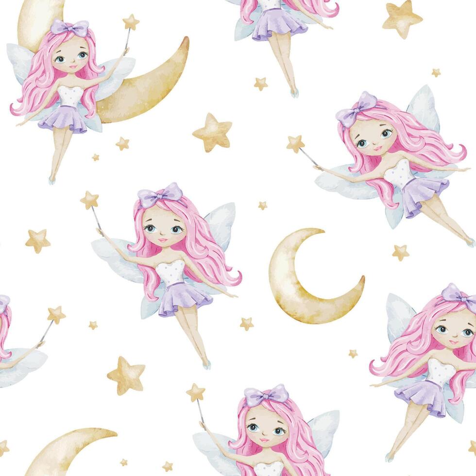 Cute Little fairies crescent moons and stars. Children's background. Watercolor baby seamless pattern for design kid's goods, postcards, baby shower and children's room vector