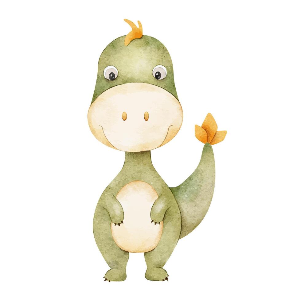 Cute green dinosaur. Isolated hand drawn watercolor illustration of dino. A clipart of tyrannosaurus rex for children's invitation cards, baby shower, decoration of kid's rooms and clothes. vector