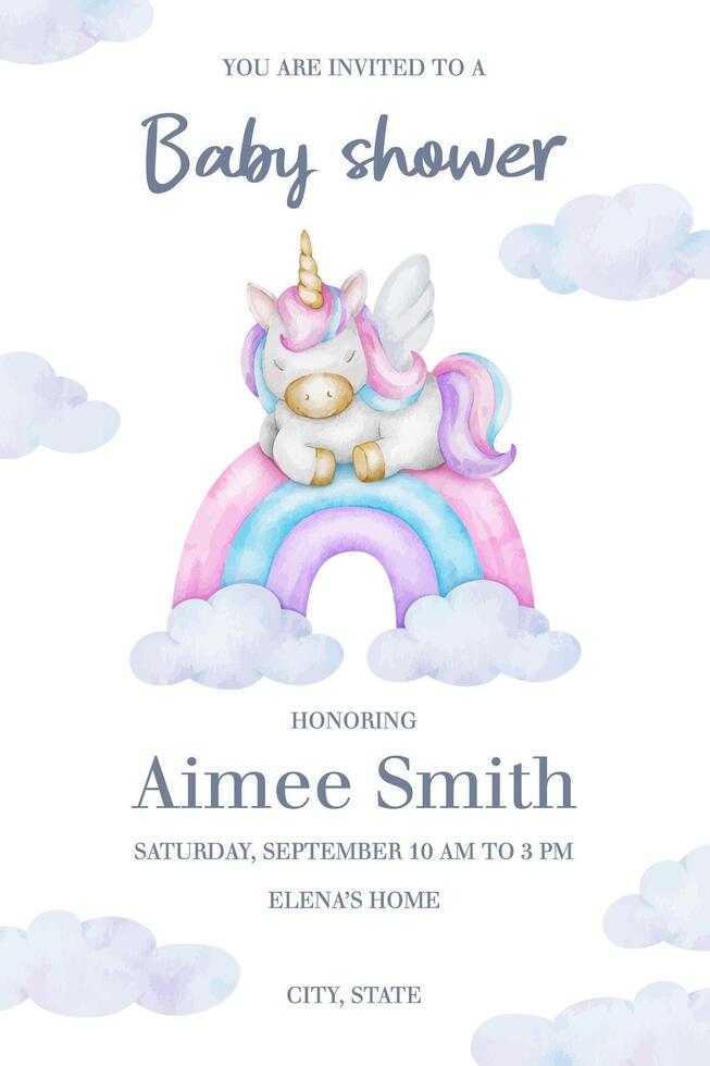 Cute baby shower invitation for girls. Greeting card with fairytale unicorn on the rainbow. New born celebration. Template of newborn's party invitation. Watercolor hand drawn illustration. vector