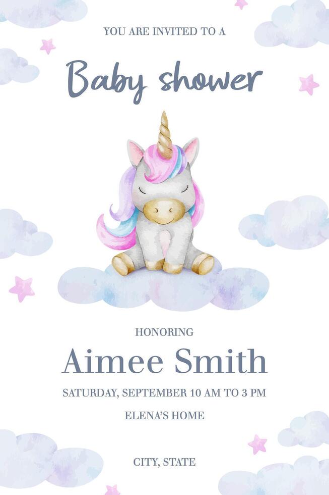 linda bebé ducha invitación para chicas. saludo tarjeta con cuento de hadas unicornio en el nube. nuevo nacido celebracion. modelo de recién nacido fiesta invitación. acuarela mano dibujado ilustración. vector