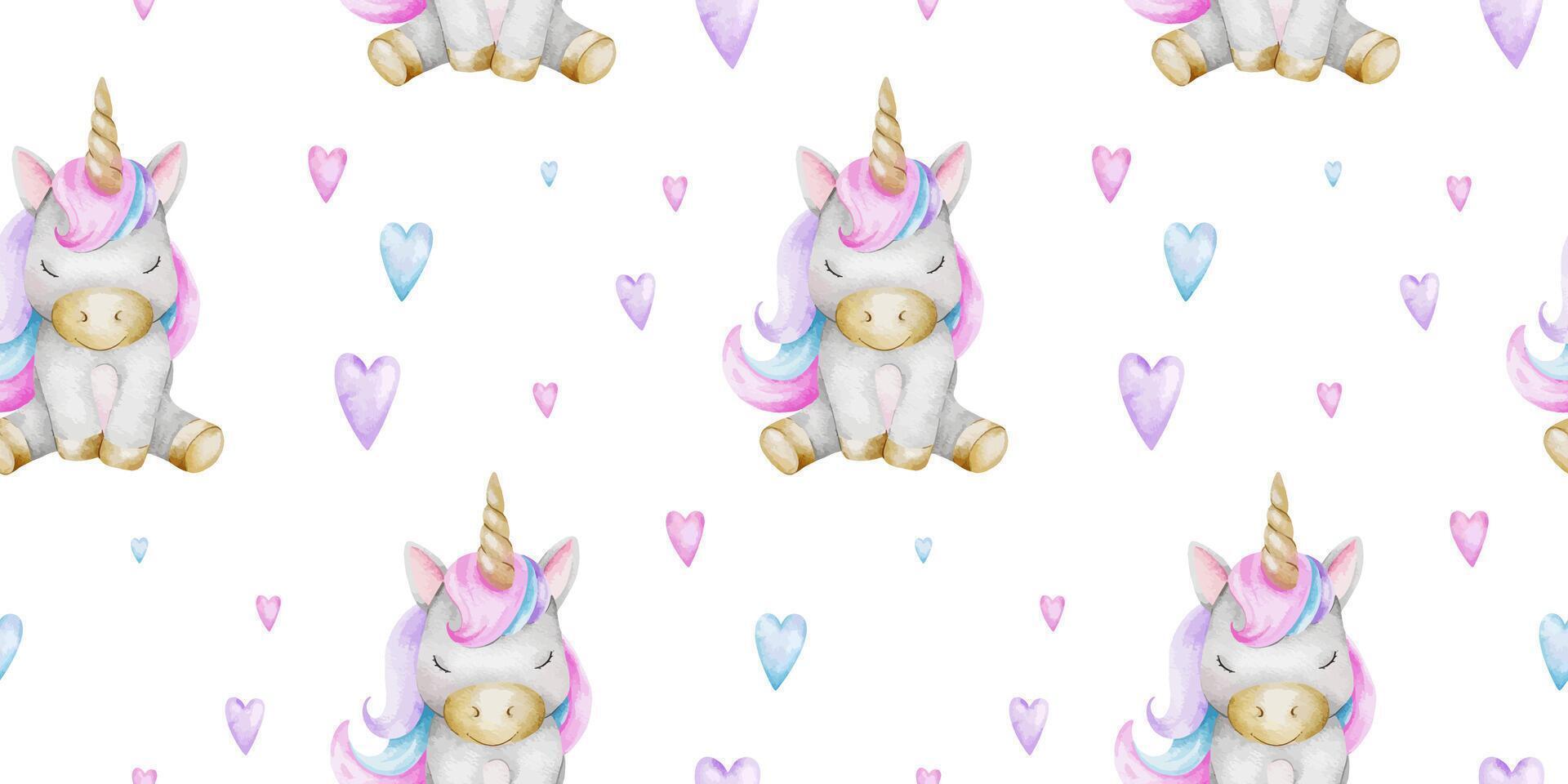 Print of cute little unicorns and hearts. Background of baby ponies. Watercolor hand drawn seamless pattern for children's rooms, goods, clothes, postcards, baby shower and nursery, fabric vector