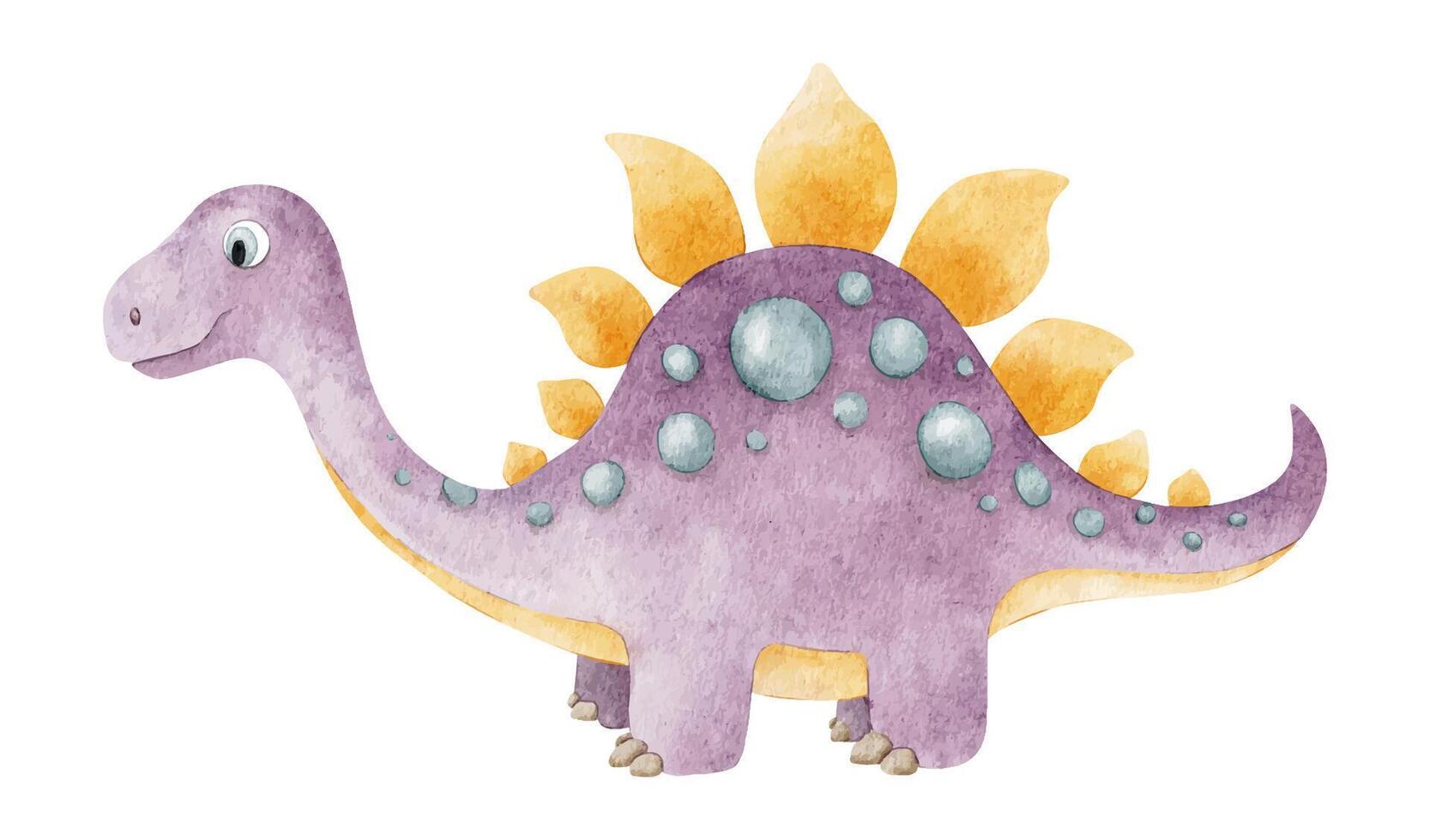 Cute purple dinosaur. Isolated hand drawn watercolor illustration of dino. A clipart of stegosaurus for children's invitation cards, baby shower, decoration of kid's rooms and clothes. vector