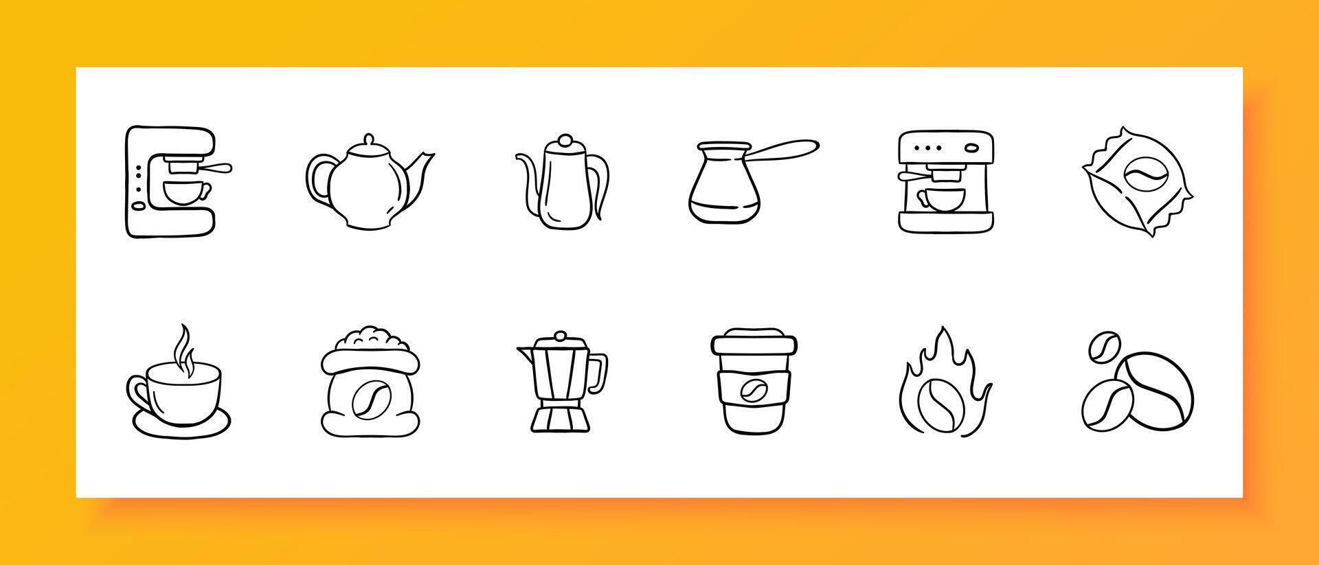 Coffee icon set. Coffee Turk, grain, grinding, roasting, Americano, cappuccino, espresso, cup. kettle. Black icon on a white background. Vector line icon for business and advertising