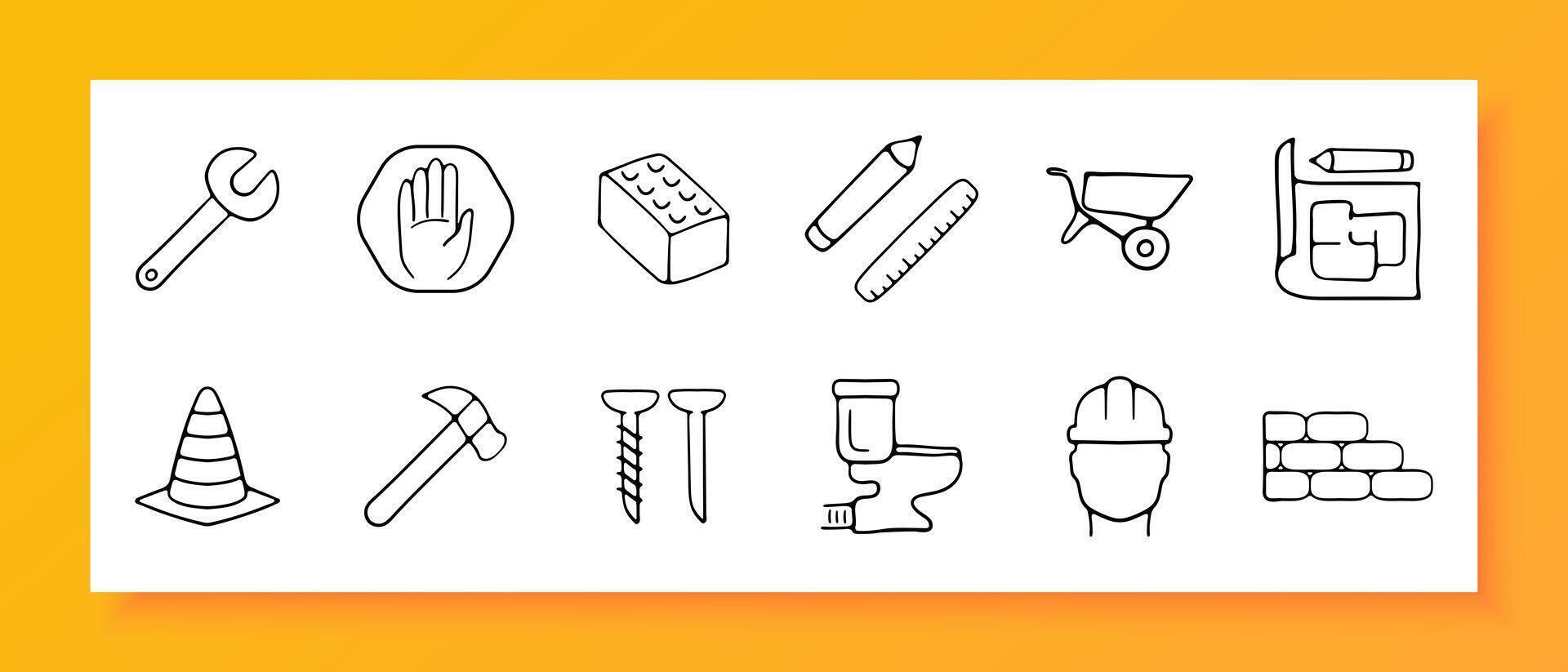 Construction icon set. Bricks, helmet, hammer, key, drawing, cart, ruler, pencil. Black icon on a white background. Vector line icon for business and advertising