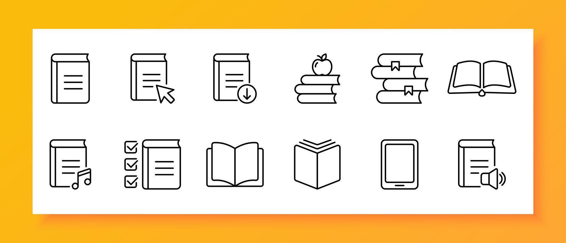 Book icon set. Sound, audio, click, download, convenience, tablet, checkmark, note. Black icon on a white background. Vector line icon for business and advertising