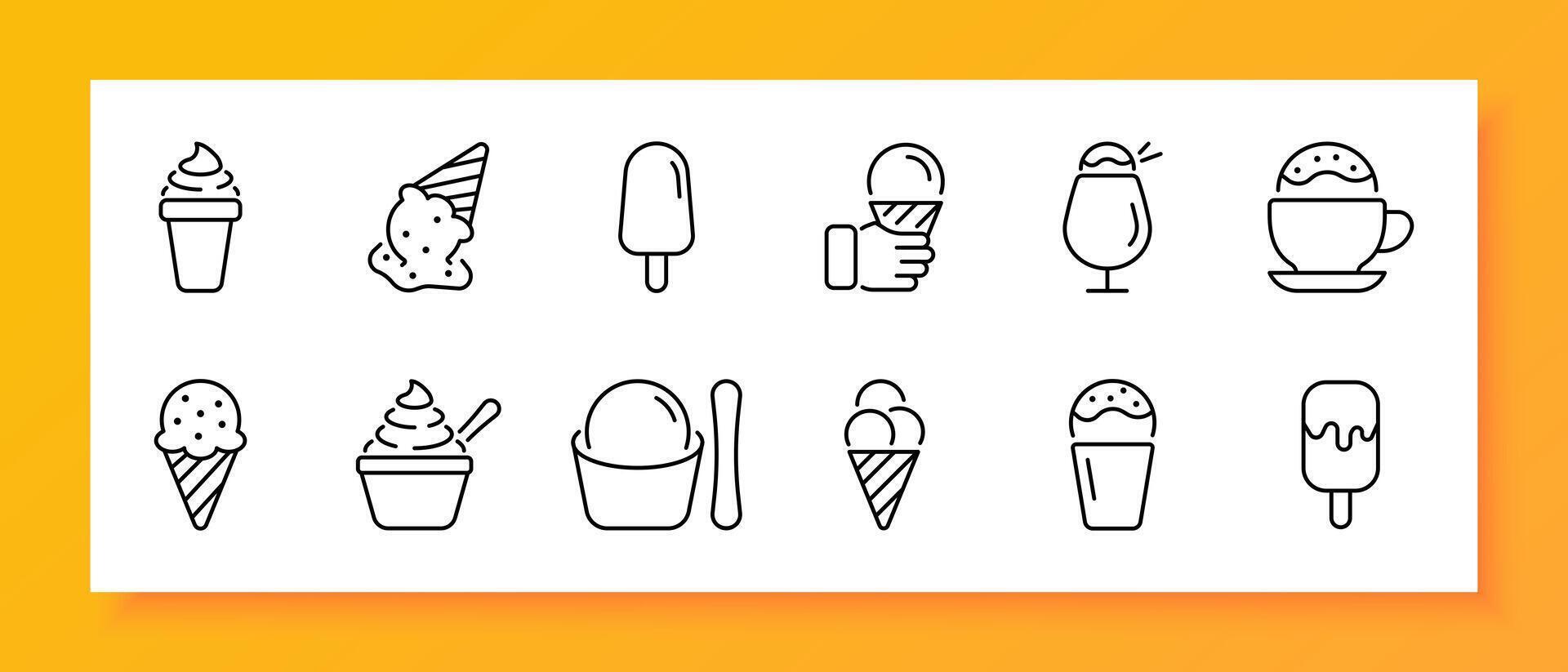 Sweetness icon set. Ice cream, lactose, waffle cone, caramel, syrup, topping, calories, spoon, ball. Black icon on a white background. Vector line icon for business and advertising