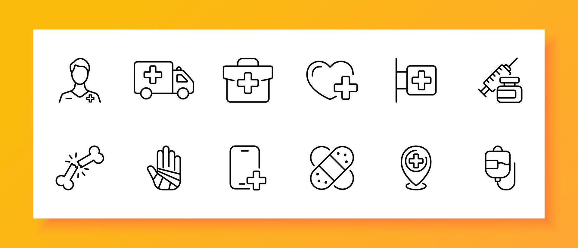 Medicine icon set. Ambulance, smartphone, plaster, GPS tag, blood transfer, crunching bones, first aid kit. Black icon on a white background. Vector line icon for business and advertising