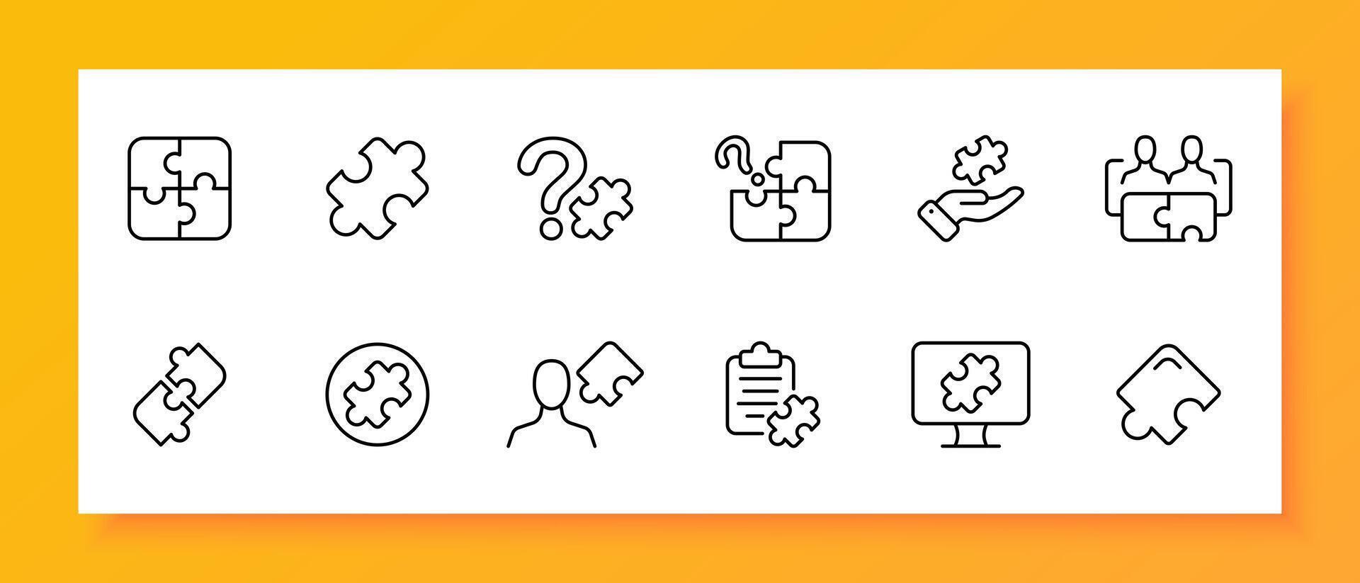 Puzzles icon set. Question, picture, art, entertainment, for the whole family, monitor, relationships. Black icon on a white background. Vector line icon for business and advertising