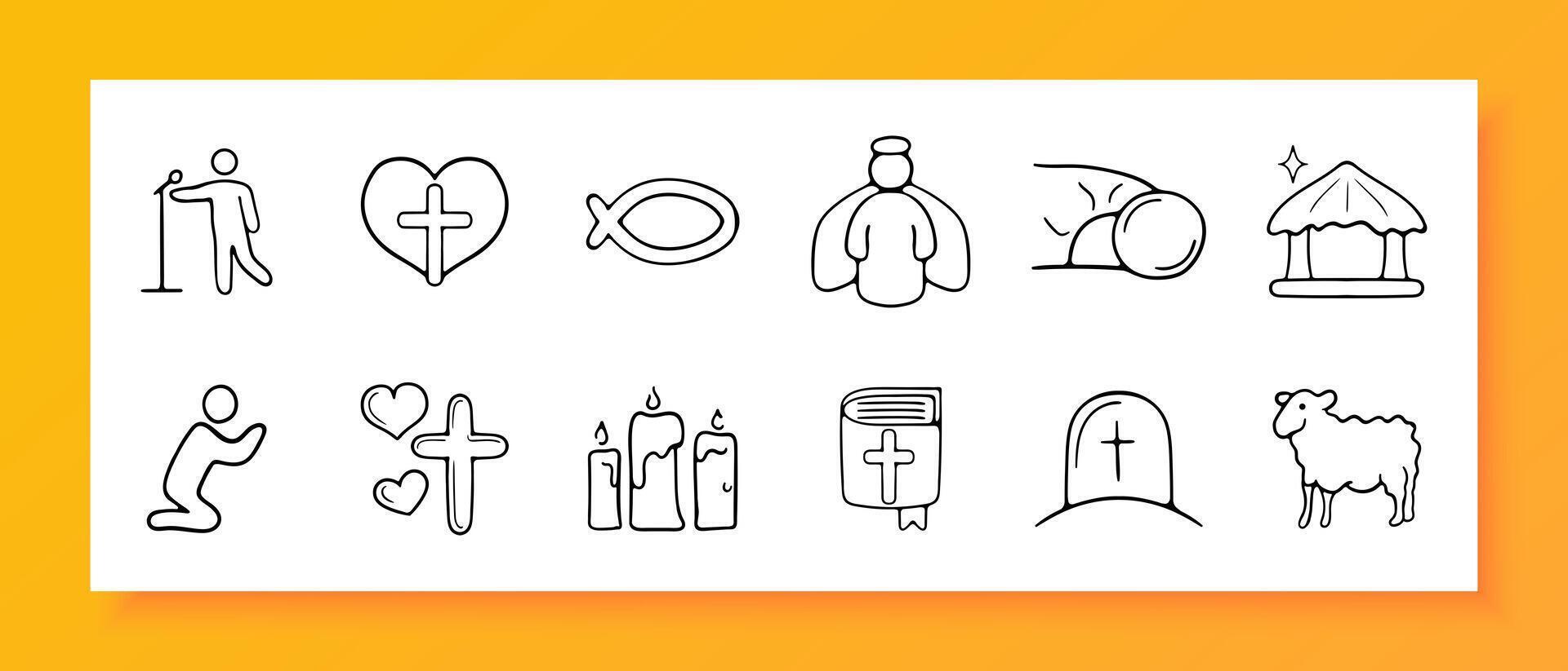 Christianity icon set. Angel, faith, communion, gazebo, bible. cross, prayer, halo. Black icon on a white background. Vector line icon for business and advertising