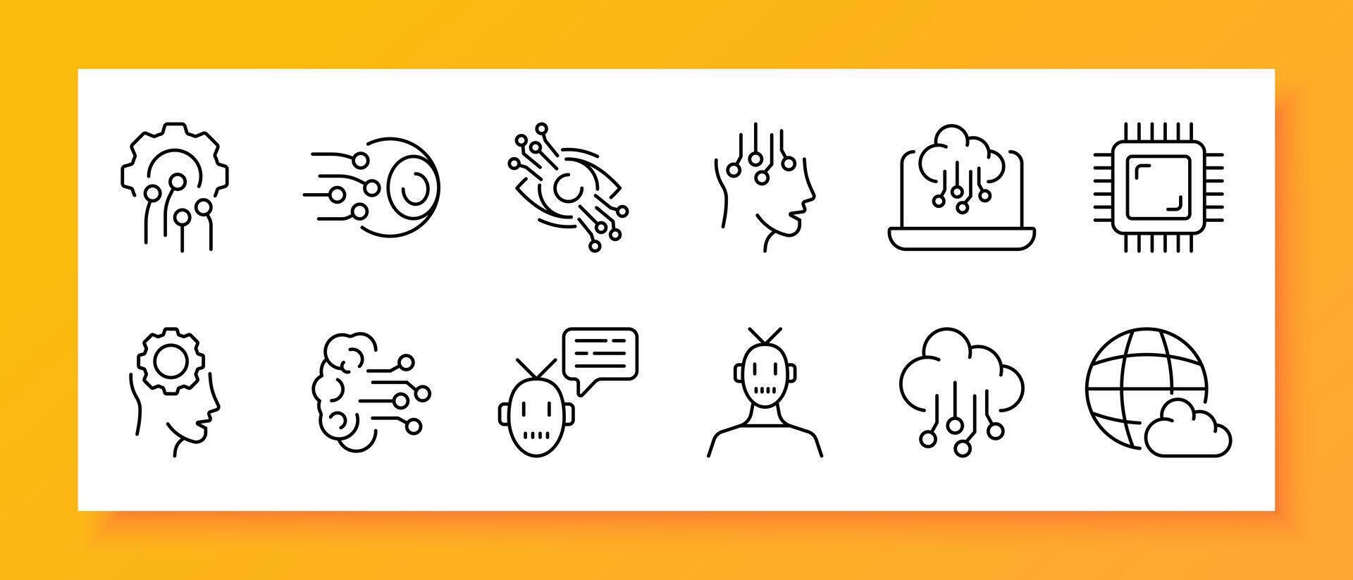 Technologies icon set. Gear, monitor, cloud storage, artificial intelligence, information, neural network, robot. Black icon on a white background. Vector line icon for business and advertising