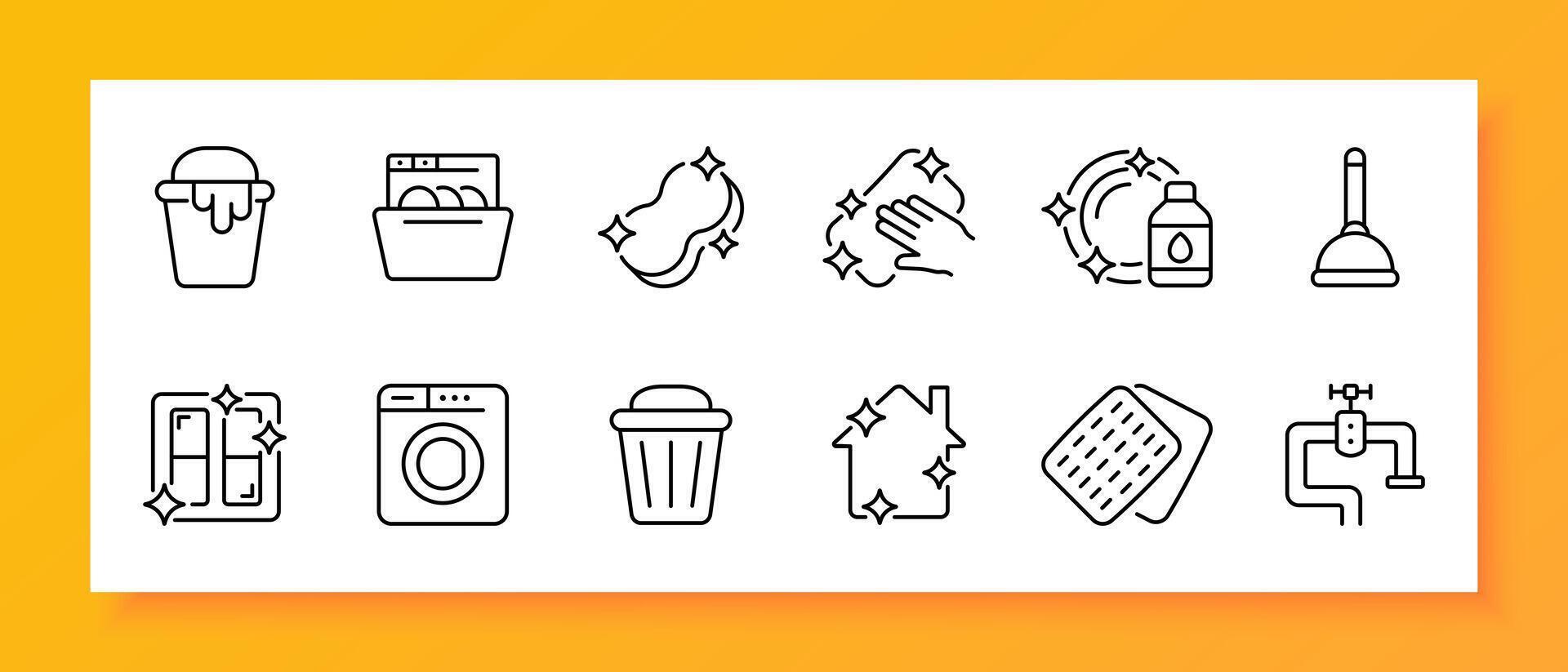 Cleaning icon set. Plunger, bathroom, cleanliness, trash can, washcloth, faucet, pipeline, washing machine. Vector line icon for business and advertising