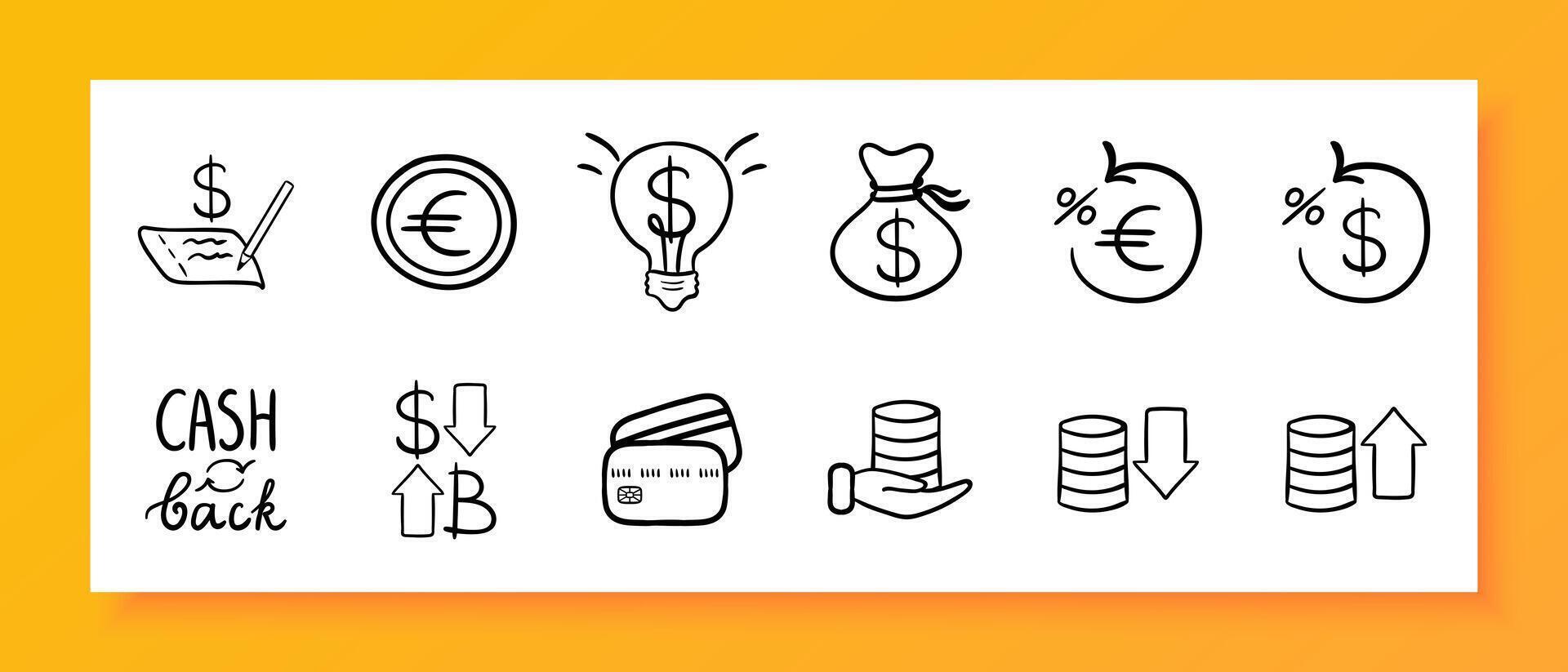 Banking icon set. Coins, finance, currency, bank card, dollar, euro, cashback, banknote exchange. Black icon on a white background. Vector line icon for business and advertising