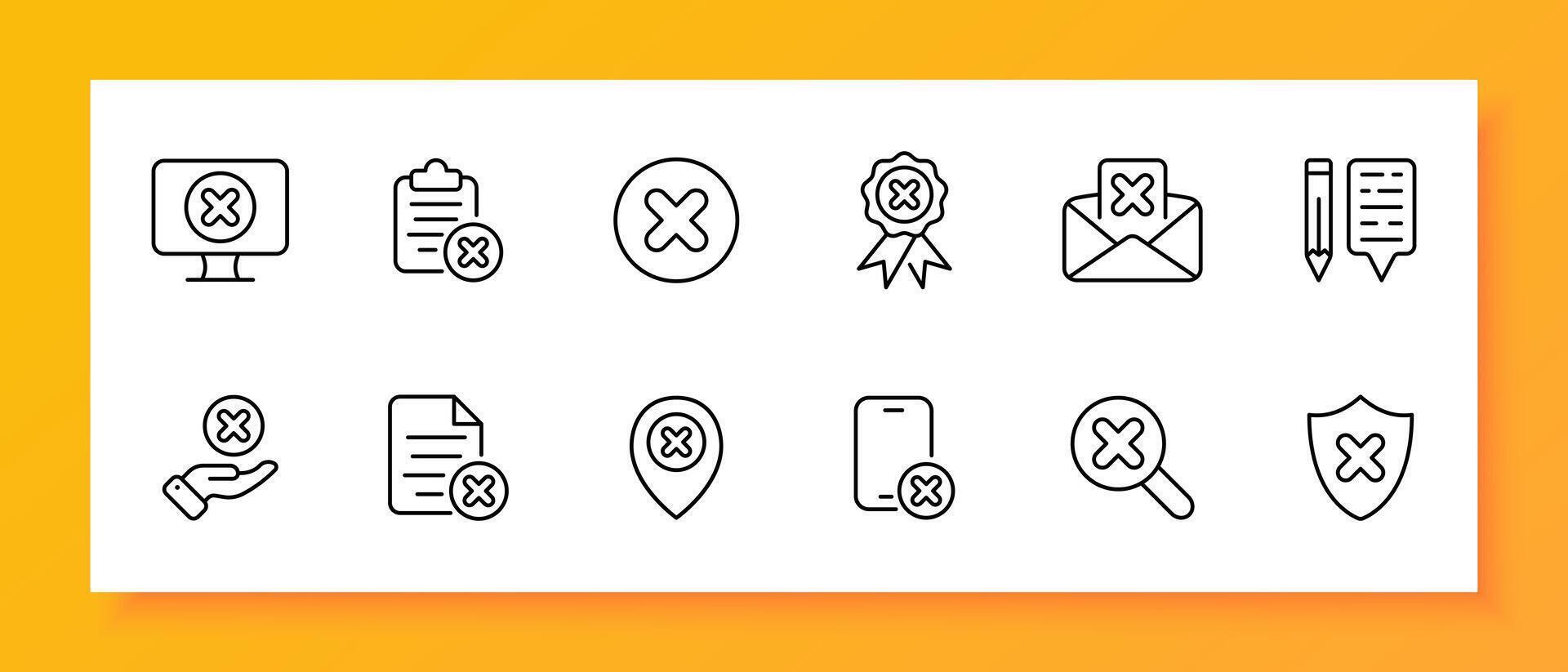 Cancel icon set. Monitor, list, cross, medal, mail, shield, file, smartphone, gps label. Black icon on a white background. Vector line icon for business and advertising