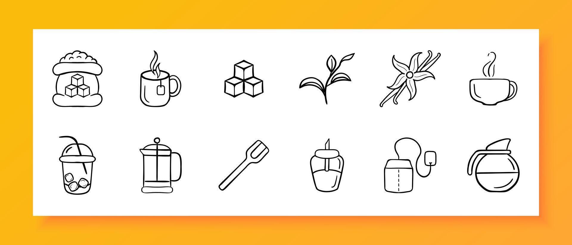 Sugar icon set. Sand, tea, glass, bag, bag, cube, refined sugar. Black icon on a white background. Vector line icon for business and advertising