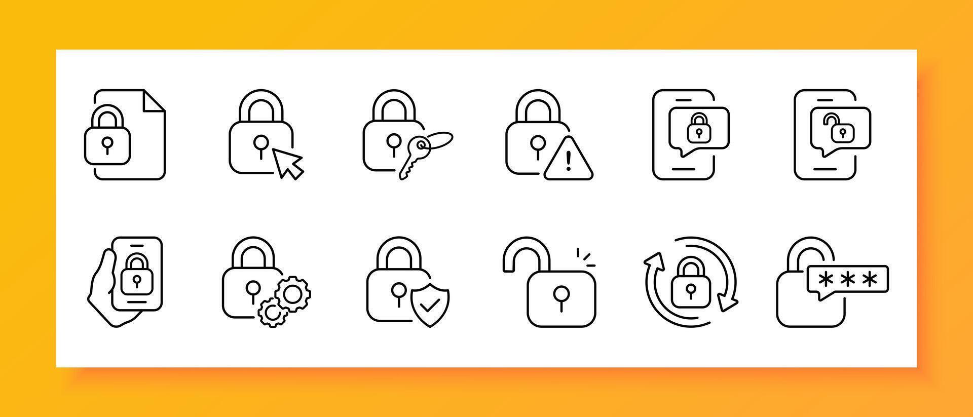 Security icon set. Threat, password, lock, key, internet, smartphone, file, gears, two-step authentication. Black icon on a white background. Vector line icon for business and advertising