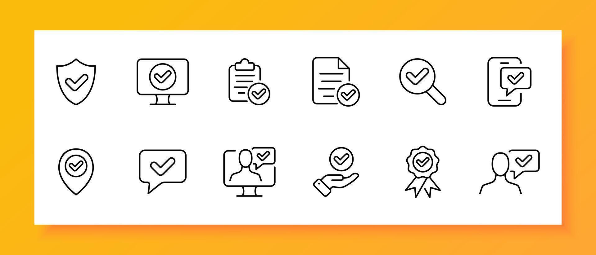 Confirmation icon set. Check mark, shield, approved account, monitor, smartphone, magnifying glass, information. Black icon on a white background. Vector line icon for business and advertising