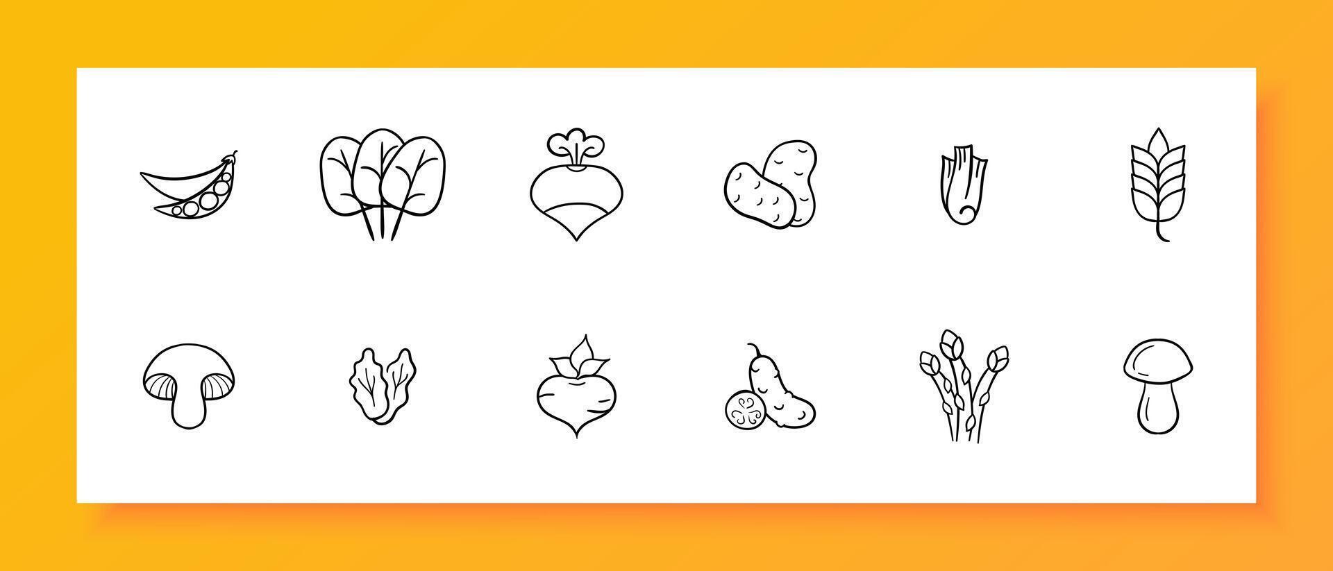 vegetales icono colocar. guisantes, papas, hongos, espiguillas, remolacha, espinaca, verduras, ensalada, lado plato. negro icono en un blanco antecedentes. vector línea icono para negocio y publicidad