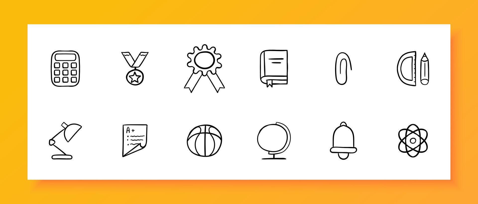 Studying at university icon set. Calculator, award, basketball, school league, globe, geography, bell. Black icon on a white background. Vector line icon for business and advertising