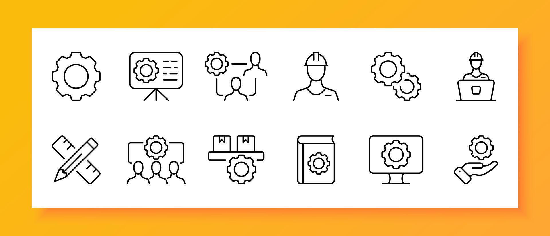 Construction icon set. Hard hat, ruler, pencil, monitor, instructions, gear, box. Black icon on a white background. Vector line icon for business and advertising