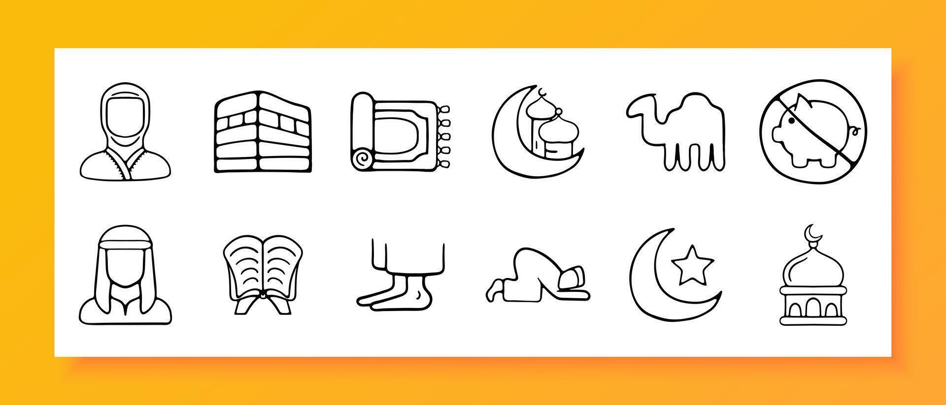 Islam icon set. Burqa, camel, namaz, traditions, religion, mosque, prophet, Koran, moon, dome, carpet. Black icon on a white background. Vector line icon for business and advertising