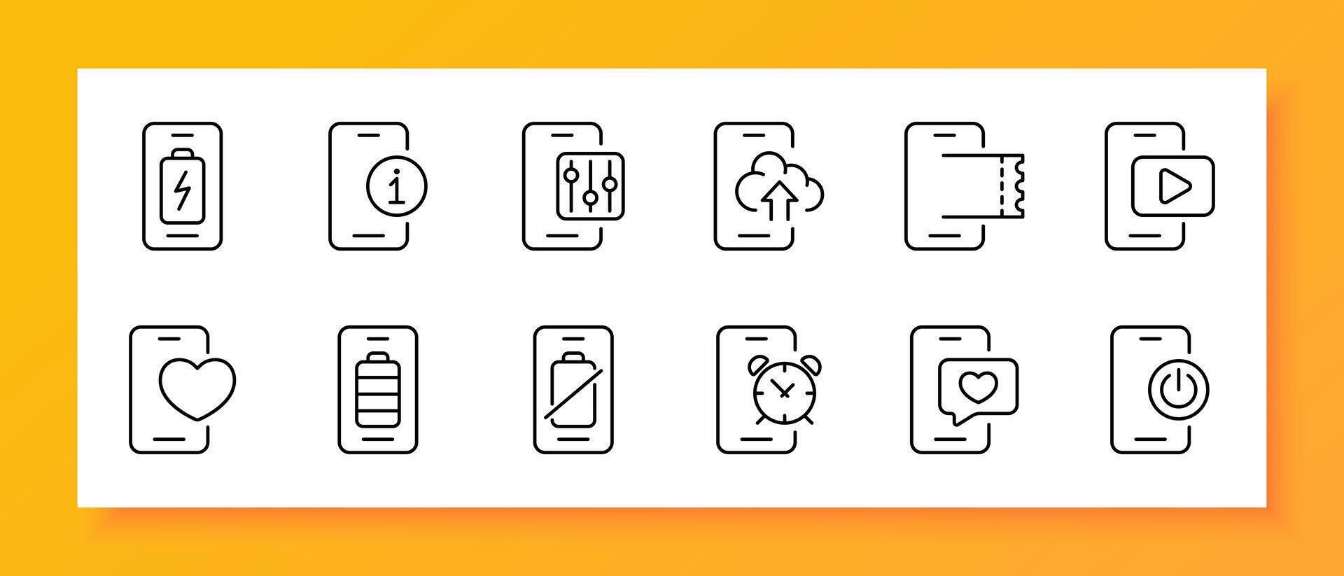 Smartphone icon set. Application, battery, information, settings, cloud storage, clock, notification, dating site. Black icon on a white background. Vector line icon for business and advertising