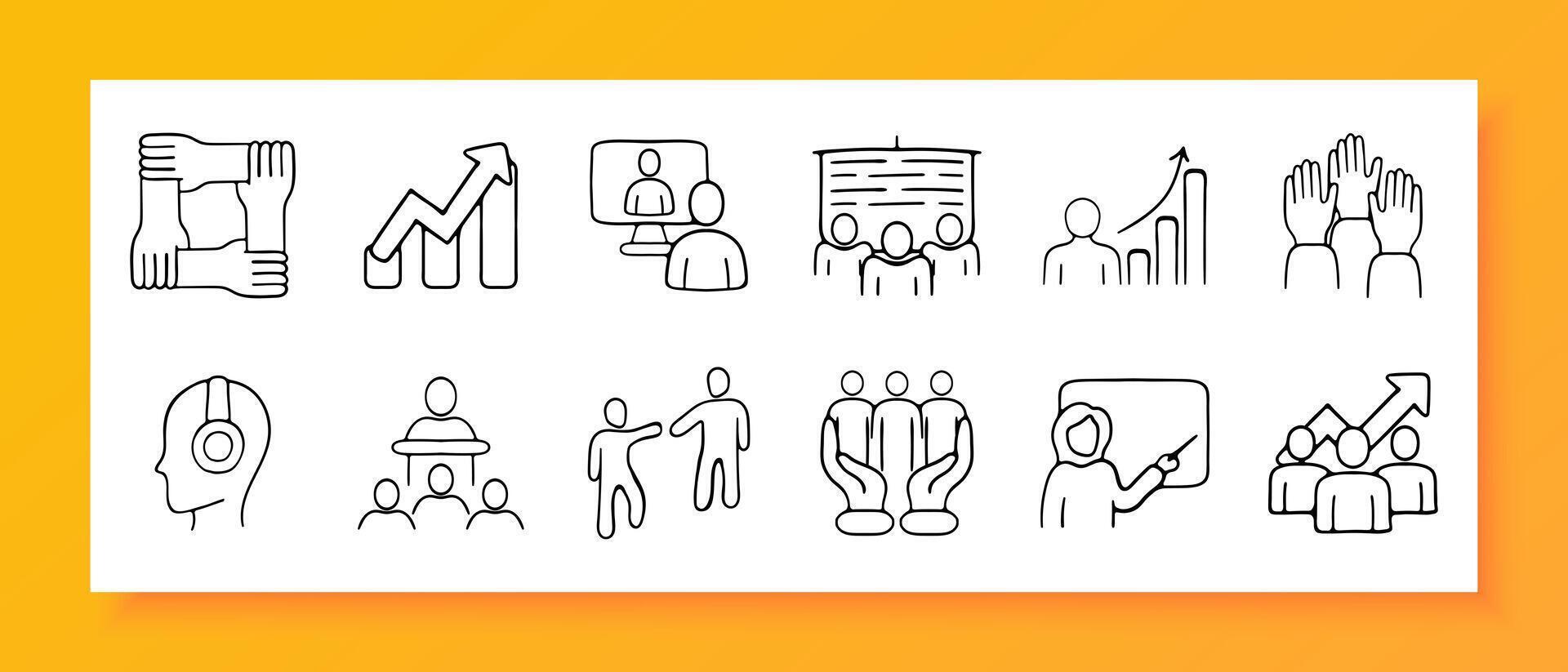Brain work icon set. Communication, competition, checkmark, contacts, group work, correspondence, growth chart. Black icon on a white background. Vector line icon for business and advertising