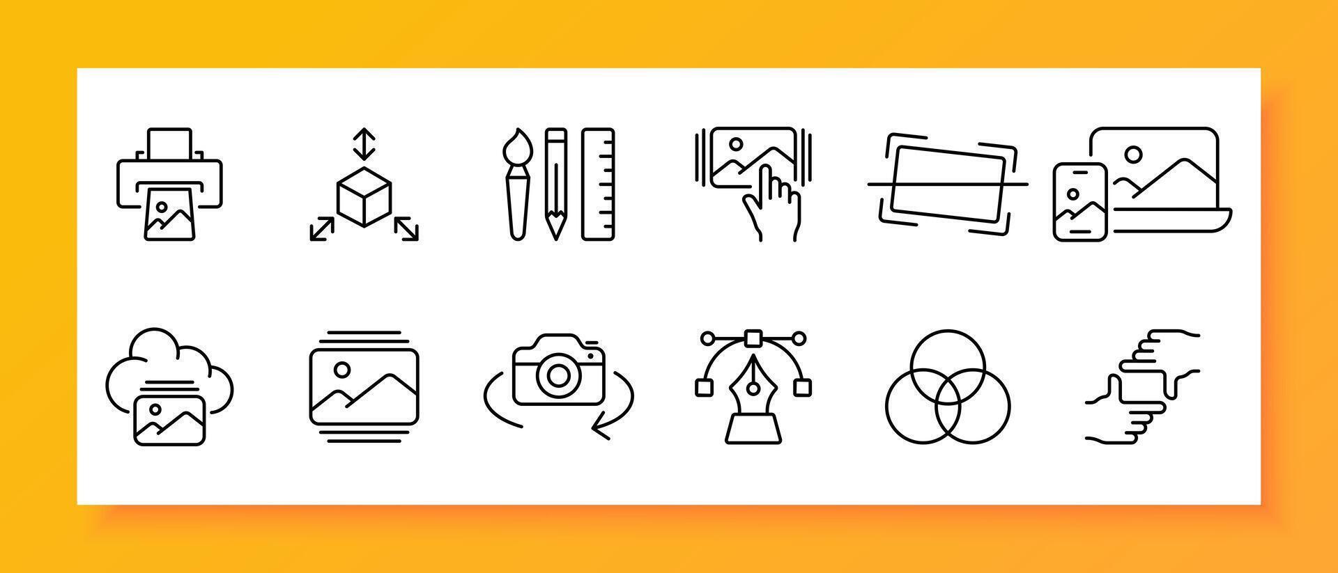 Camera icon set. Motor, video, shooting, cinema, photo, lens, cameraman. Black icon on a white background. Vector line icon for business and advertising