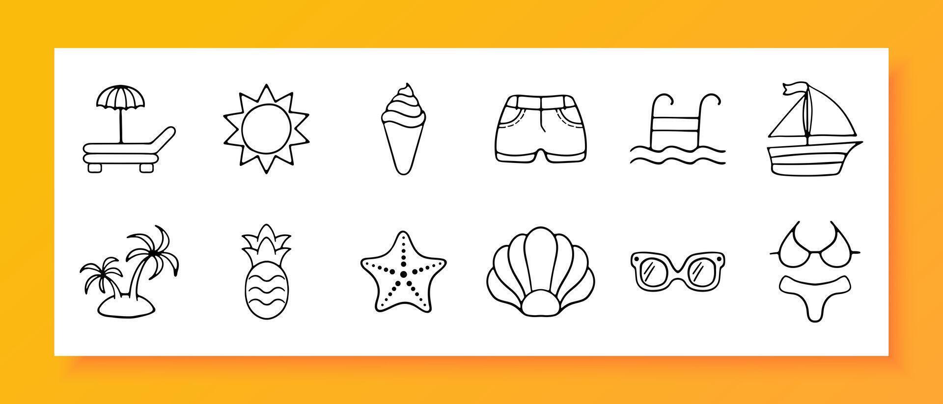 Vacation icon set. Sun lounger, starfish, shorts, ice cream, cooling, glasses, shell. Black icon on a white background. Vector line icon for business and advertising