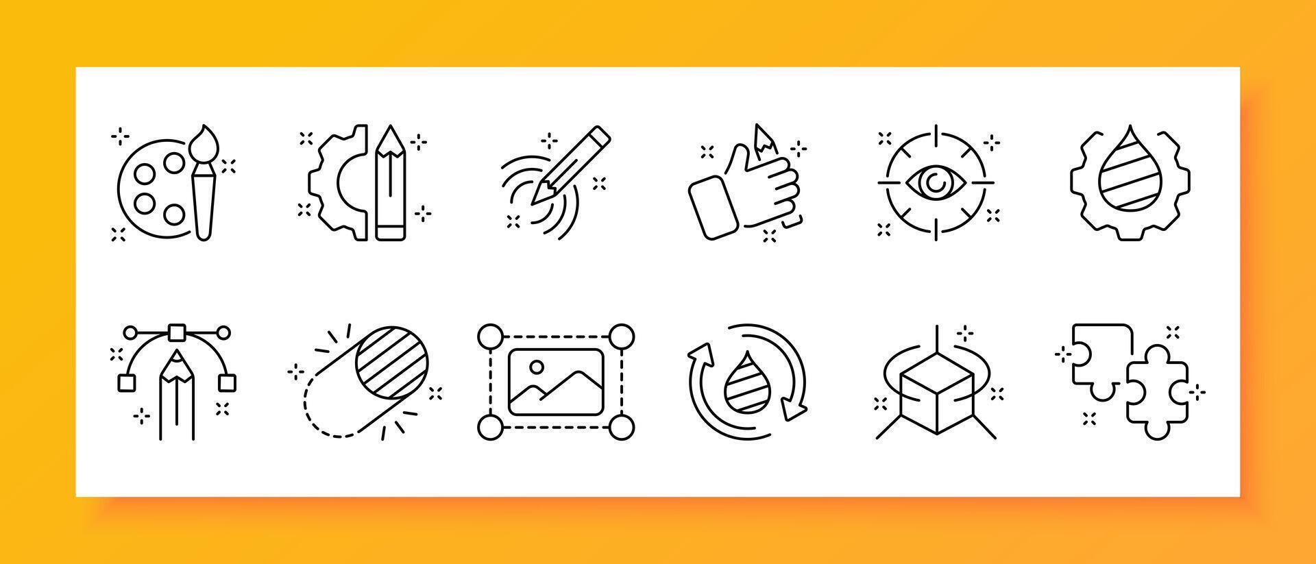 Photography icon set. Editing, pencil, puzzle, palette, brush, cropping, selfie, color, brush. Black icon on a white background. Vector line icon for business and advertising