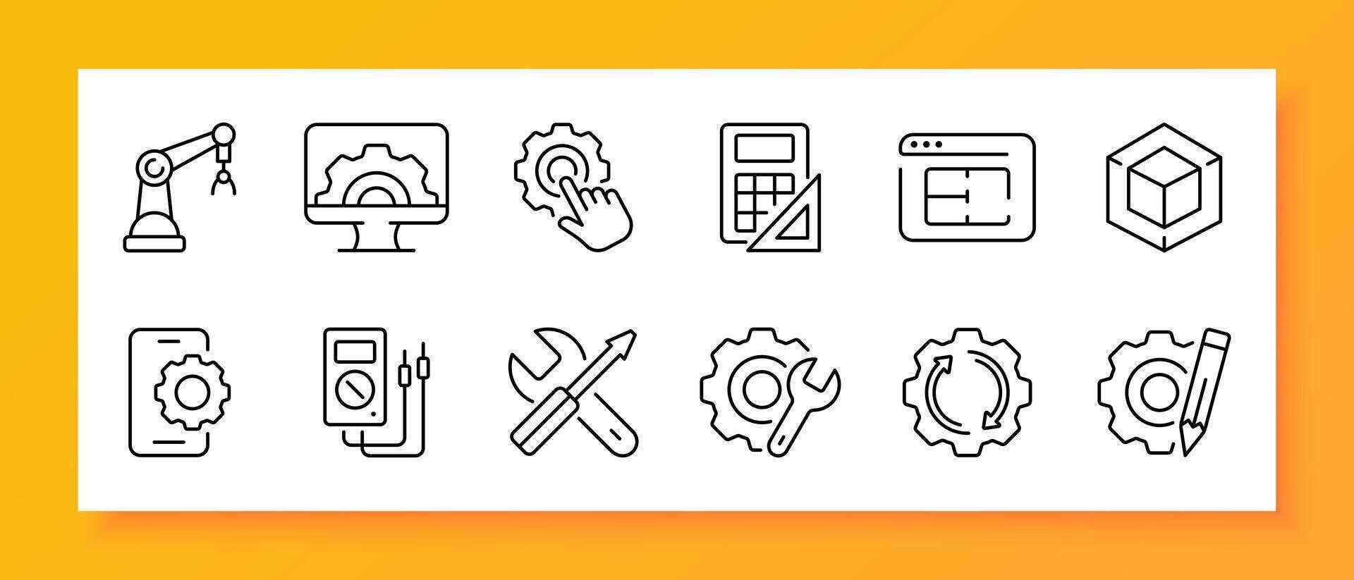 Technologies icon set. Hydraulic arm, calculator, drawing, marking, ruler, smartphone, ammeter, screwdriver. Black icon on a white background. Vector line icon for business and advertising