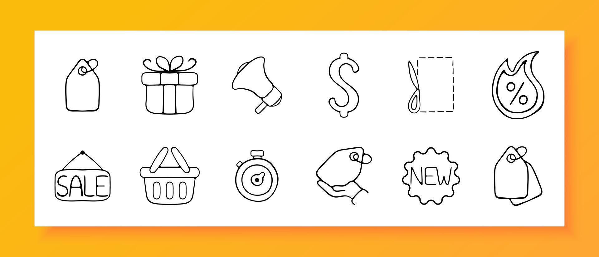 Discounts icon set. Coupon, sale, gift, tag, grocery cart, seven days a week, hot price, embroidery. Black icon on a white background. Vector line icon for business and advertising