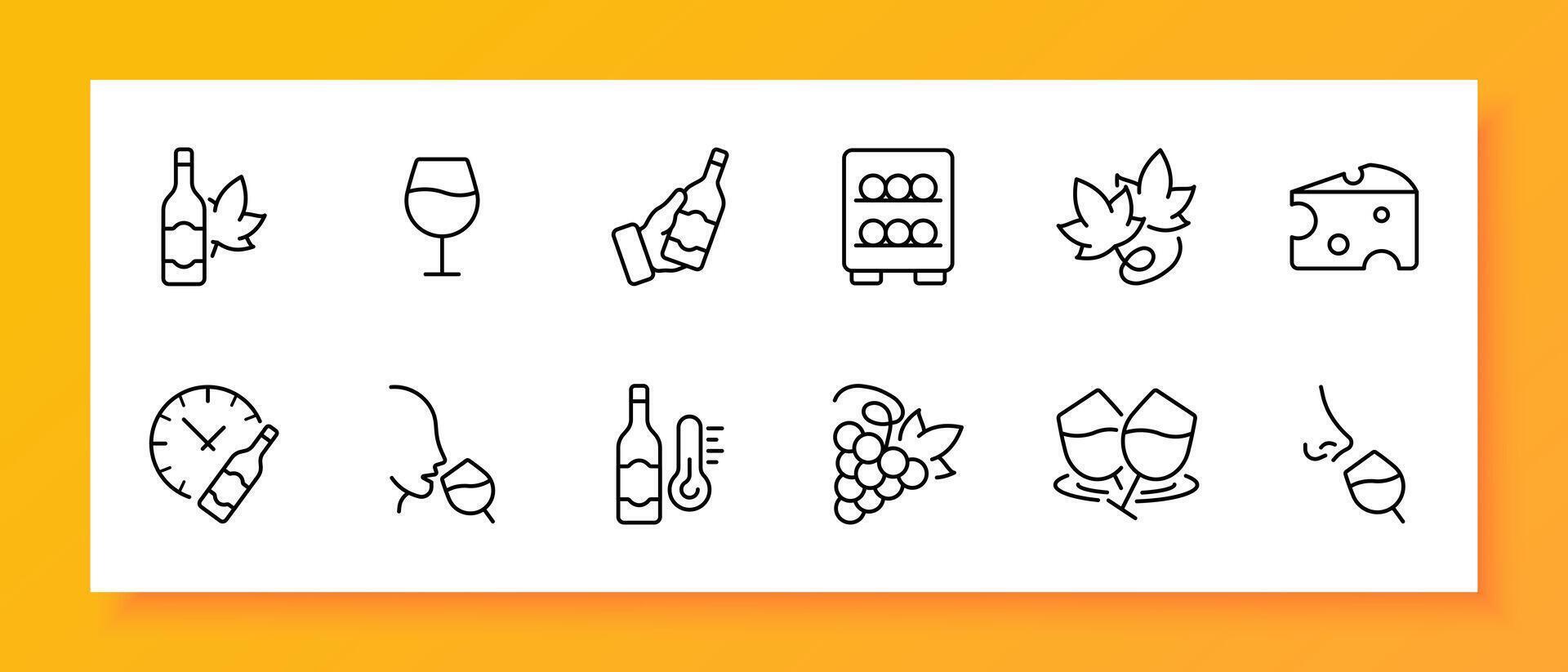 Winemaking icon set. Bottle, grapes, temperature, aging, cheese, snack. Black icon on a white background. Vector line icon for business and advertising