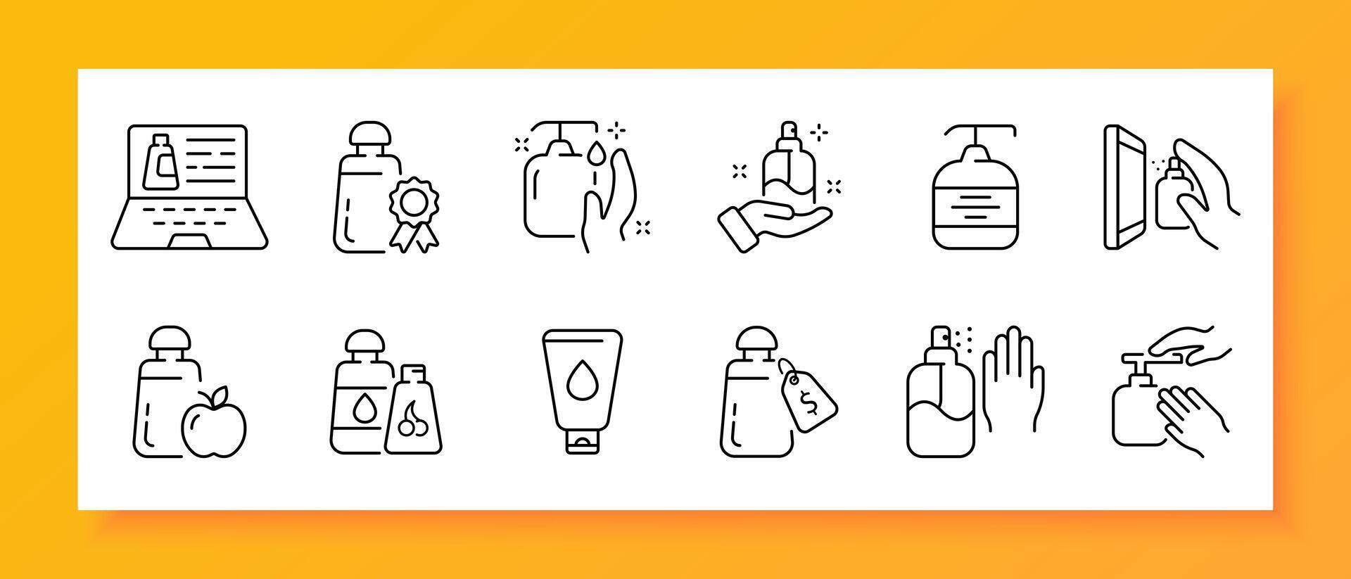 Clean icon set. Hygiene, liquid soap, cream, antiseptic, alcohol, window cleaning, monitor. Black icon on a white background. Vector line icon for business and advertising