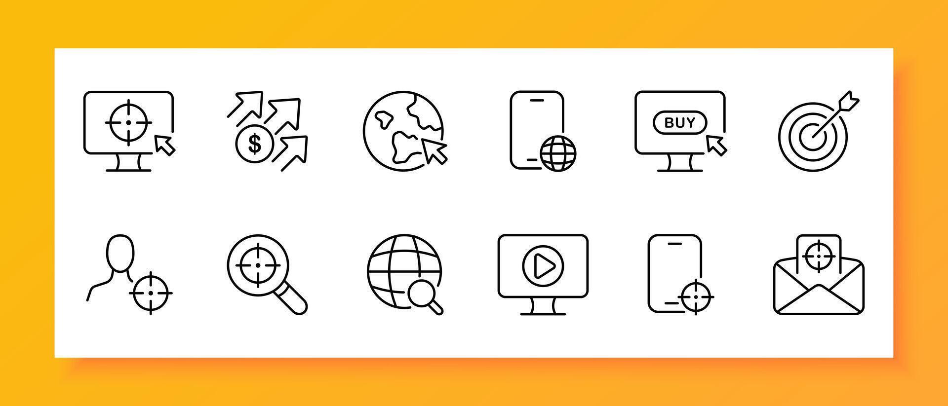 Advertising icon set. Target audience, monitor, dollar, purchase, planet, video hosting, mail, smartphone. Black icon on a white background. Vector line icon for business and advertising