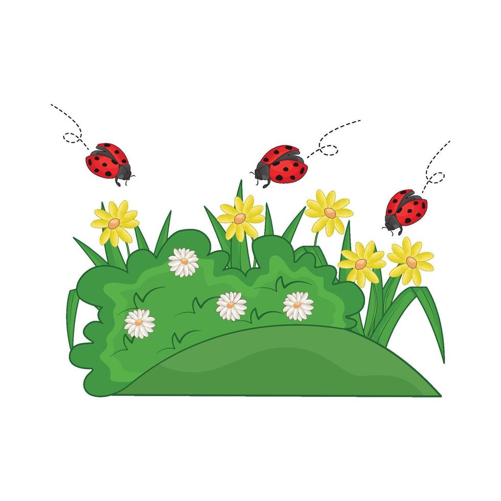 illustration of grass flower and ladybug vector