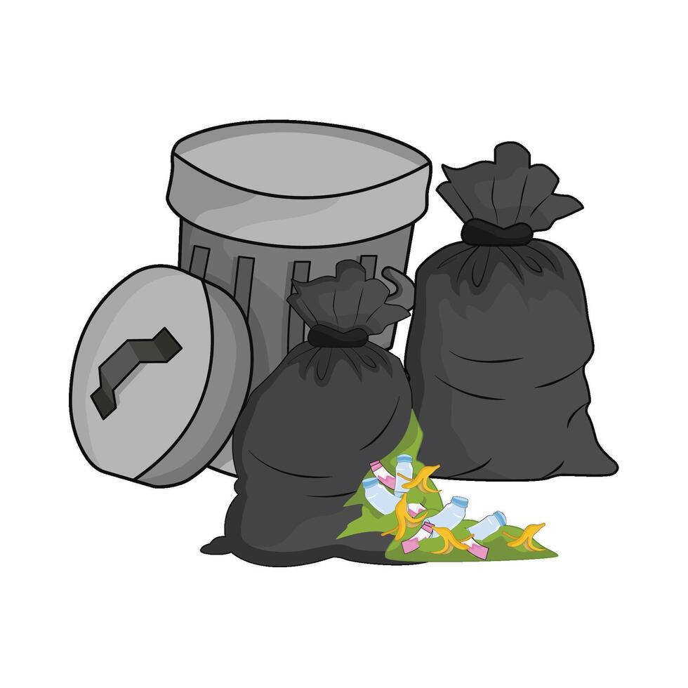 illustration of trash can and garbage bag vector