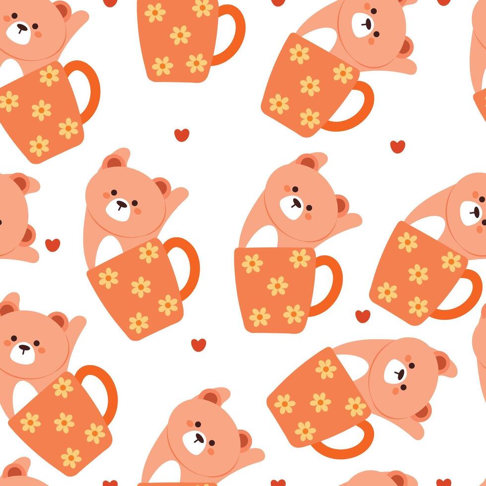 seamless pattern cartoon bear inside a cup. cute animal wallpaper illustration for gift wrap paper vector
