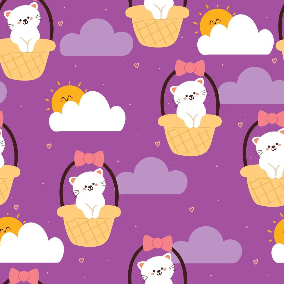 seamless pattern cartoon cat inside a basket with and sky element. cute animal wallpaper for textile, gift wrap paper vector