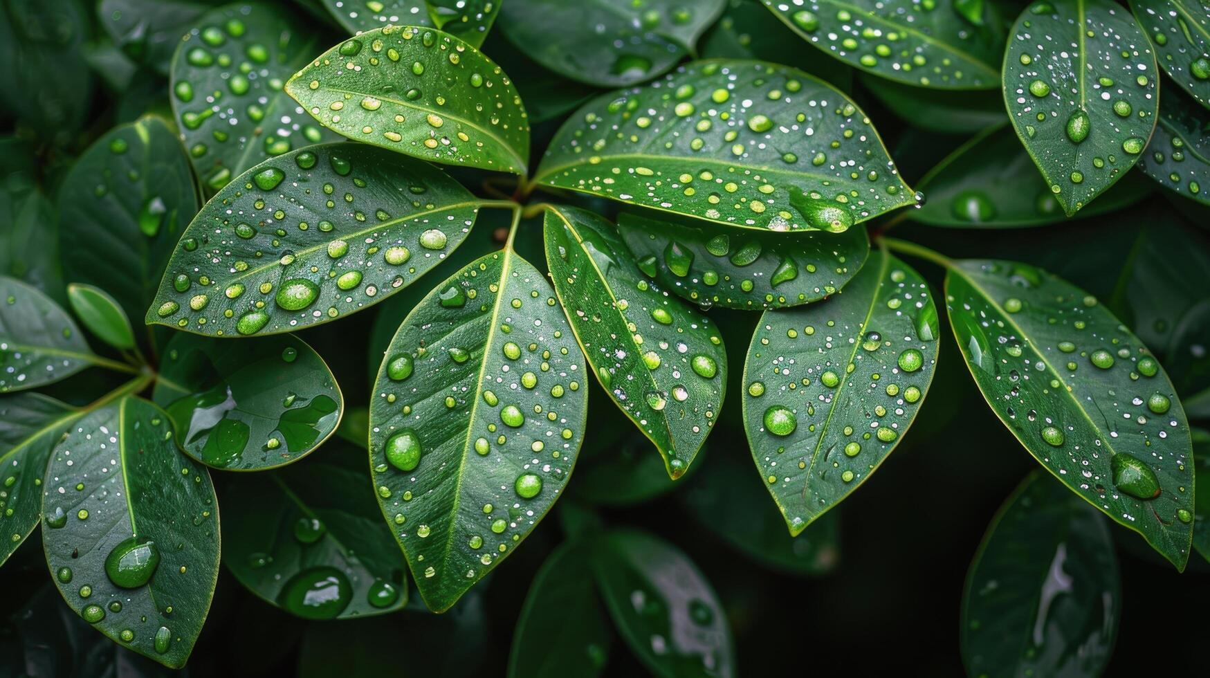 AI generated Fresh Green Leaves Covered in Water Drops photo