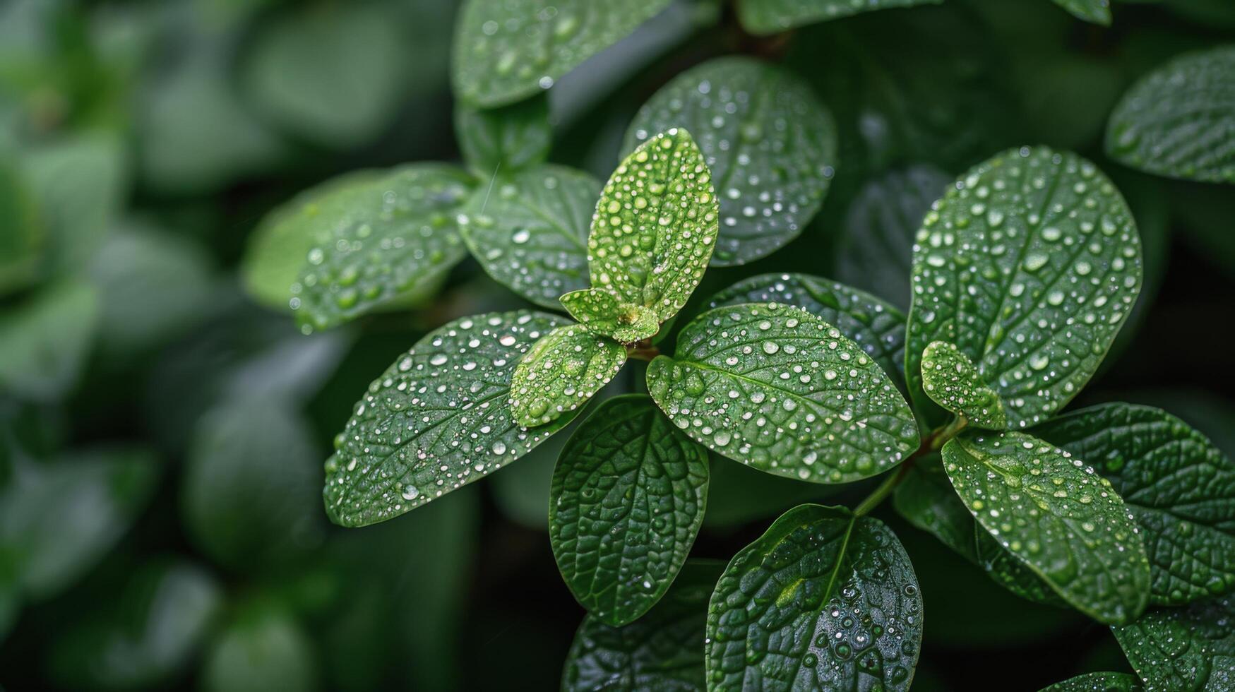 AI generated Fresh Green Leaves Covered in Water Drops photo