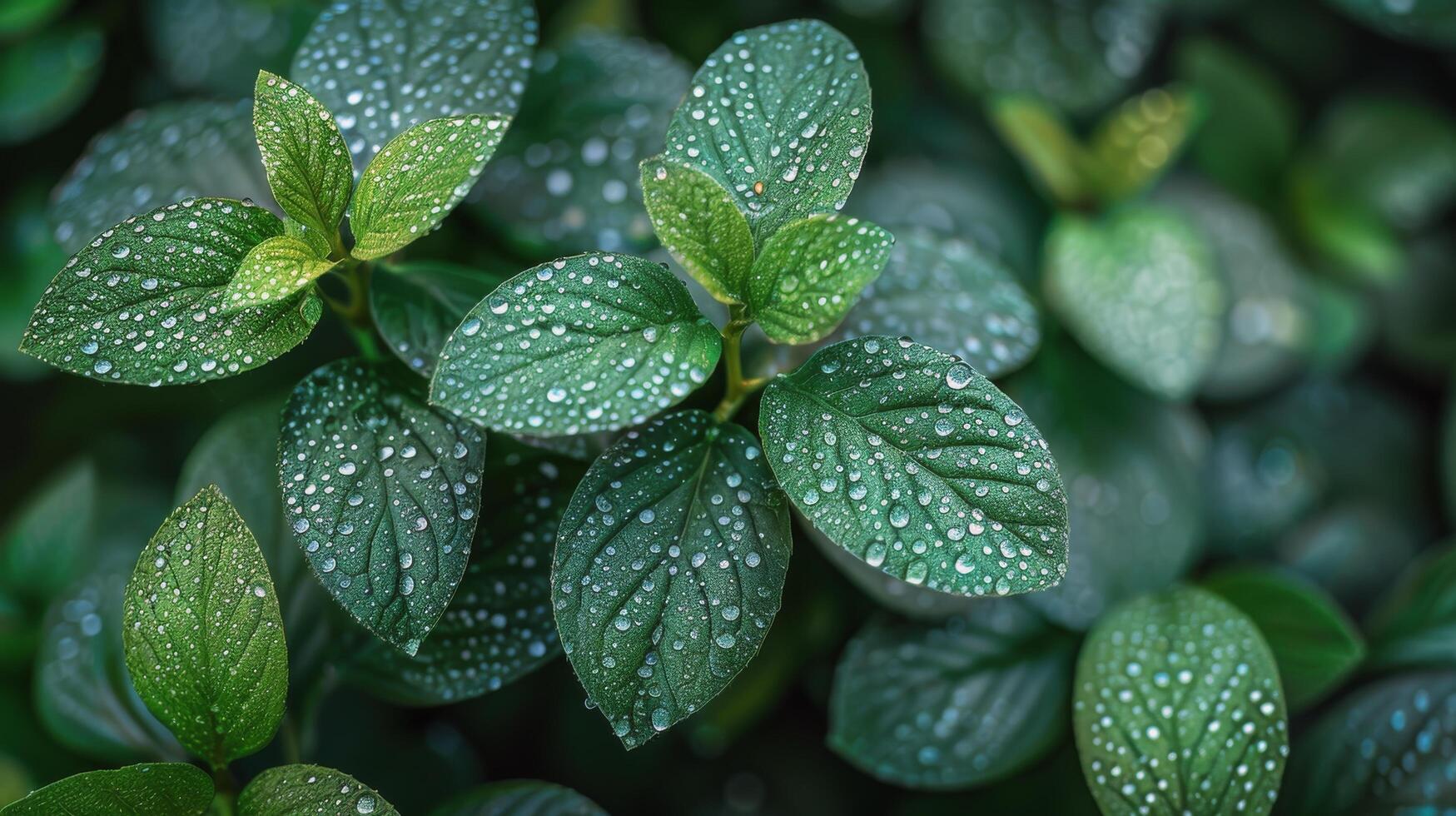 AI generated Fresh Green Leaves Covered in Water Drops photo
