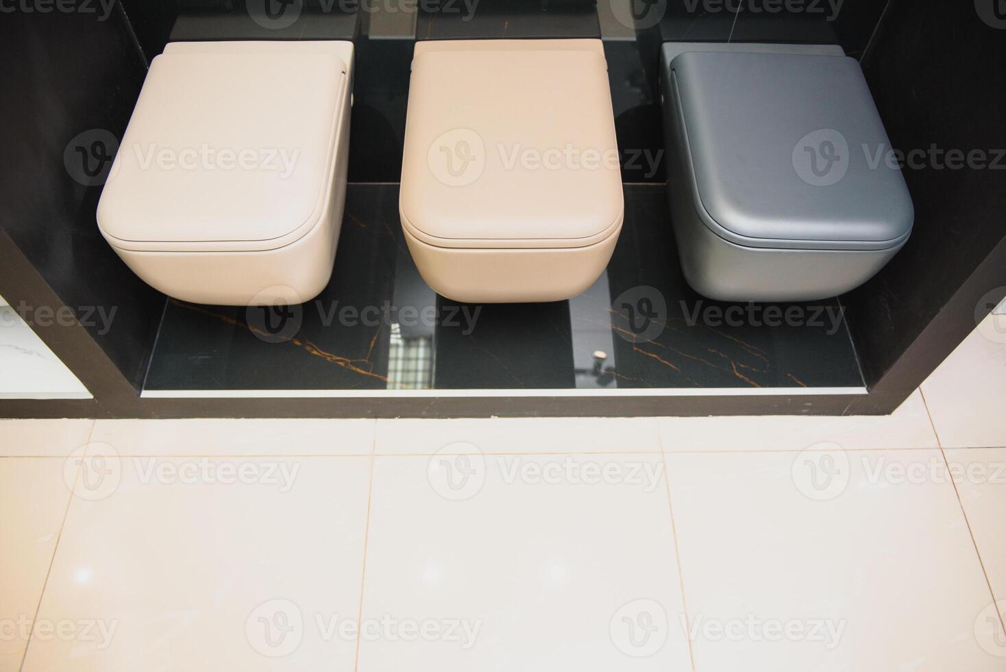 samples of modern sanitary ware for the toilet. new modern toilet in the plumbing store photo