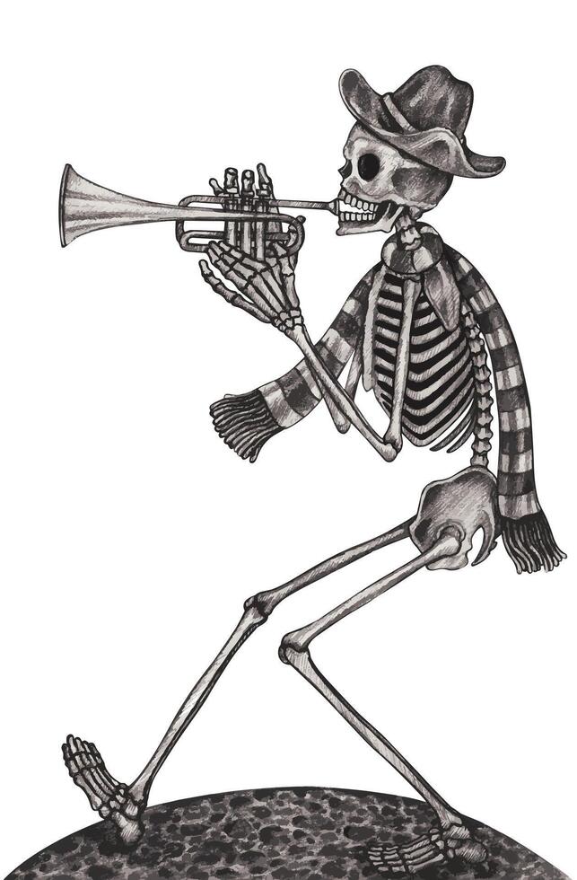Sugar skull playing trumpet day of the dead design by hand drawing on paper vector