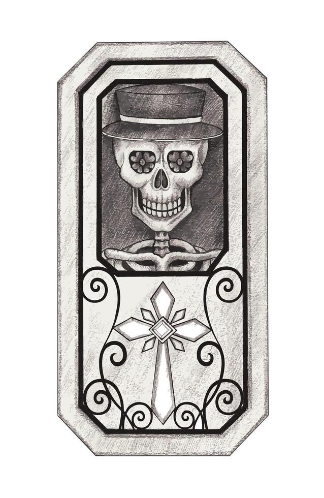 Sugar skull in the coffin day of the dead design by hand drawing on paper. vector