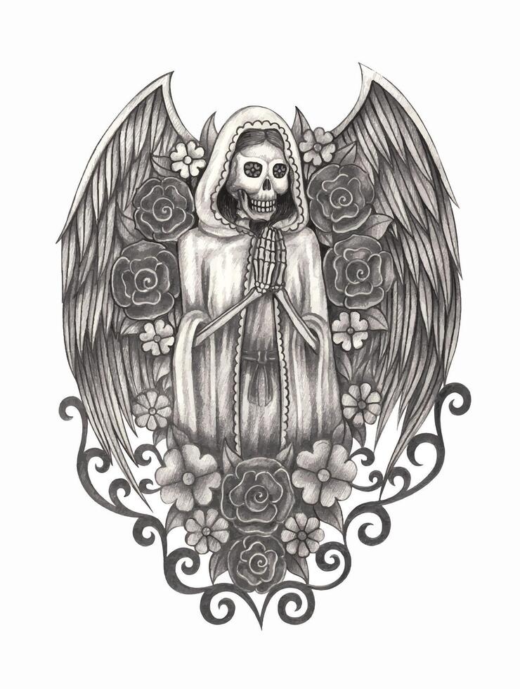 Santa muerte angel with flowers day of the dead design by hand drawing on paper. vector