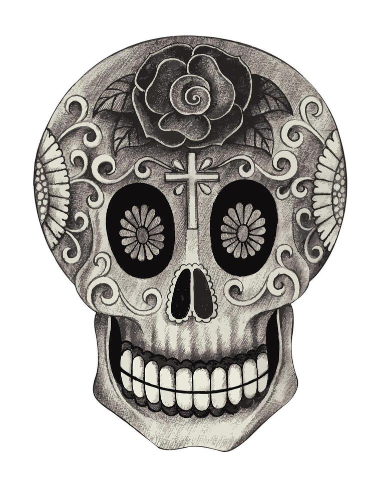 Sugar skull day of the dead design by hand drawing on paper. vector