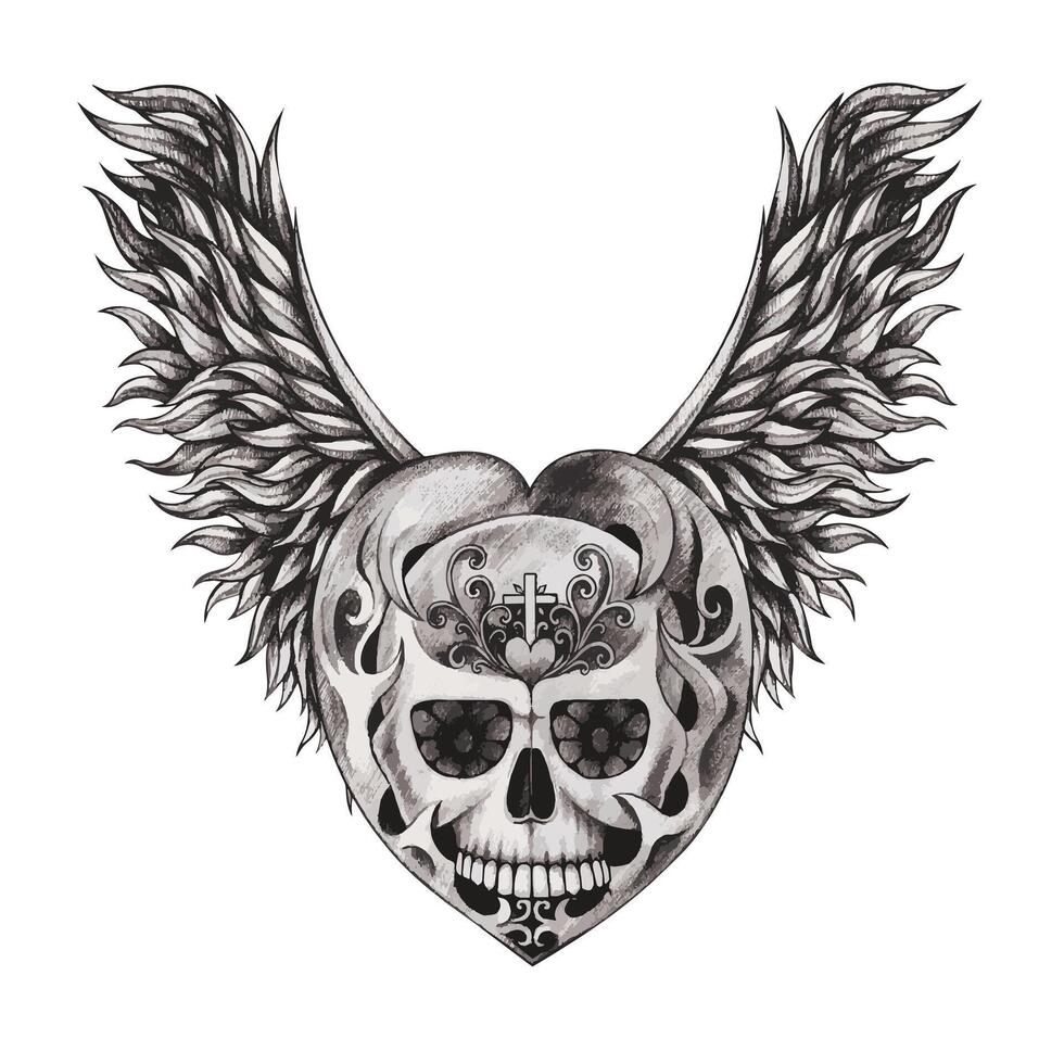 Skull tattoo wing heart angel design by hand drawing on paper vector