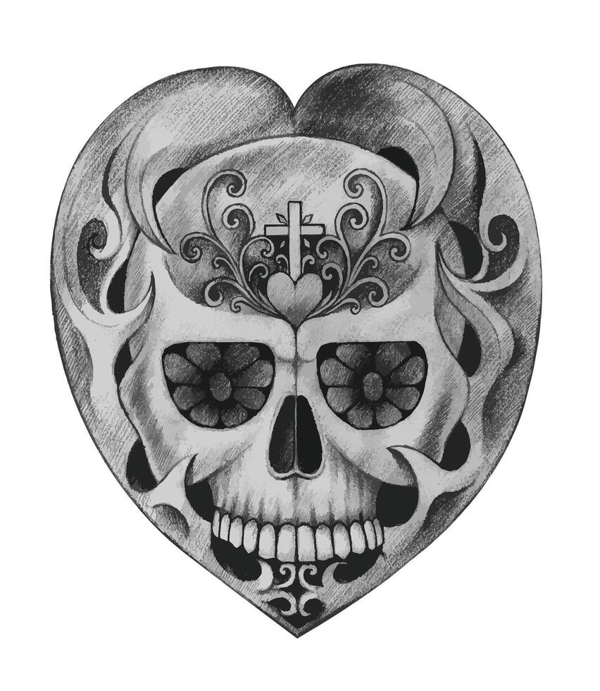 cráneo corazón tatuaje diseño por mano dibujo en papel vector