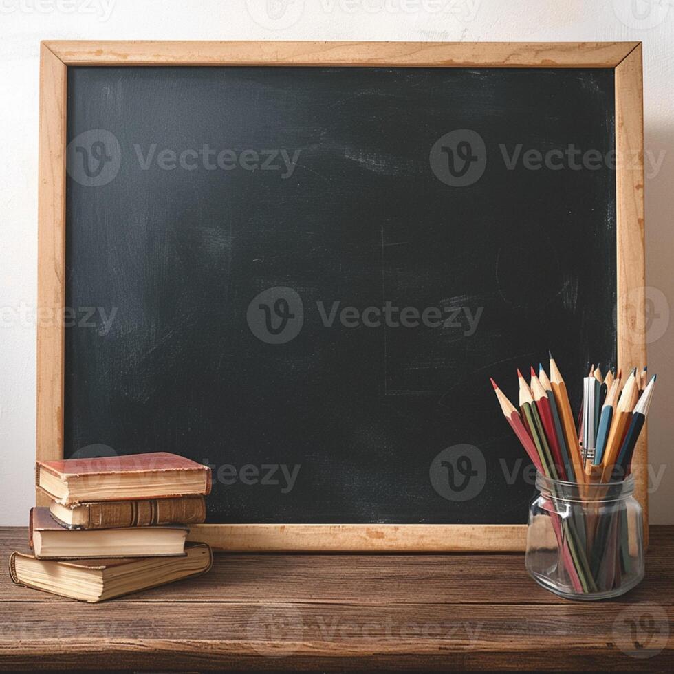 AI generated Photo Educational ambiance Books on a wooden table over chalkboard For Social Media Post Size